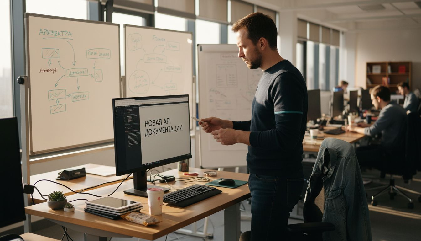 Разработчик изучает документацию в современной open space-офисе.