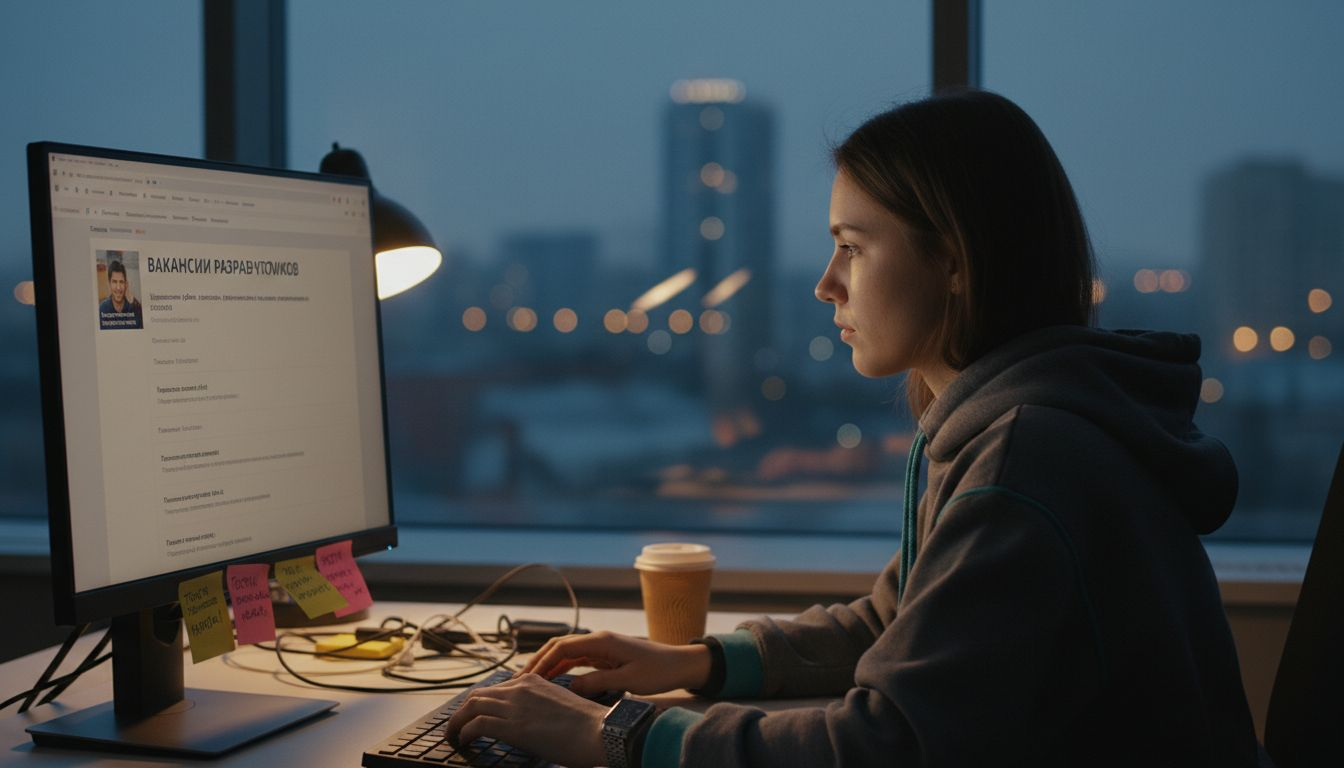 Разработчик поздно вечером ищет вакансии в IT-сфере за рабочим столом.