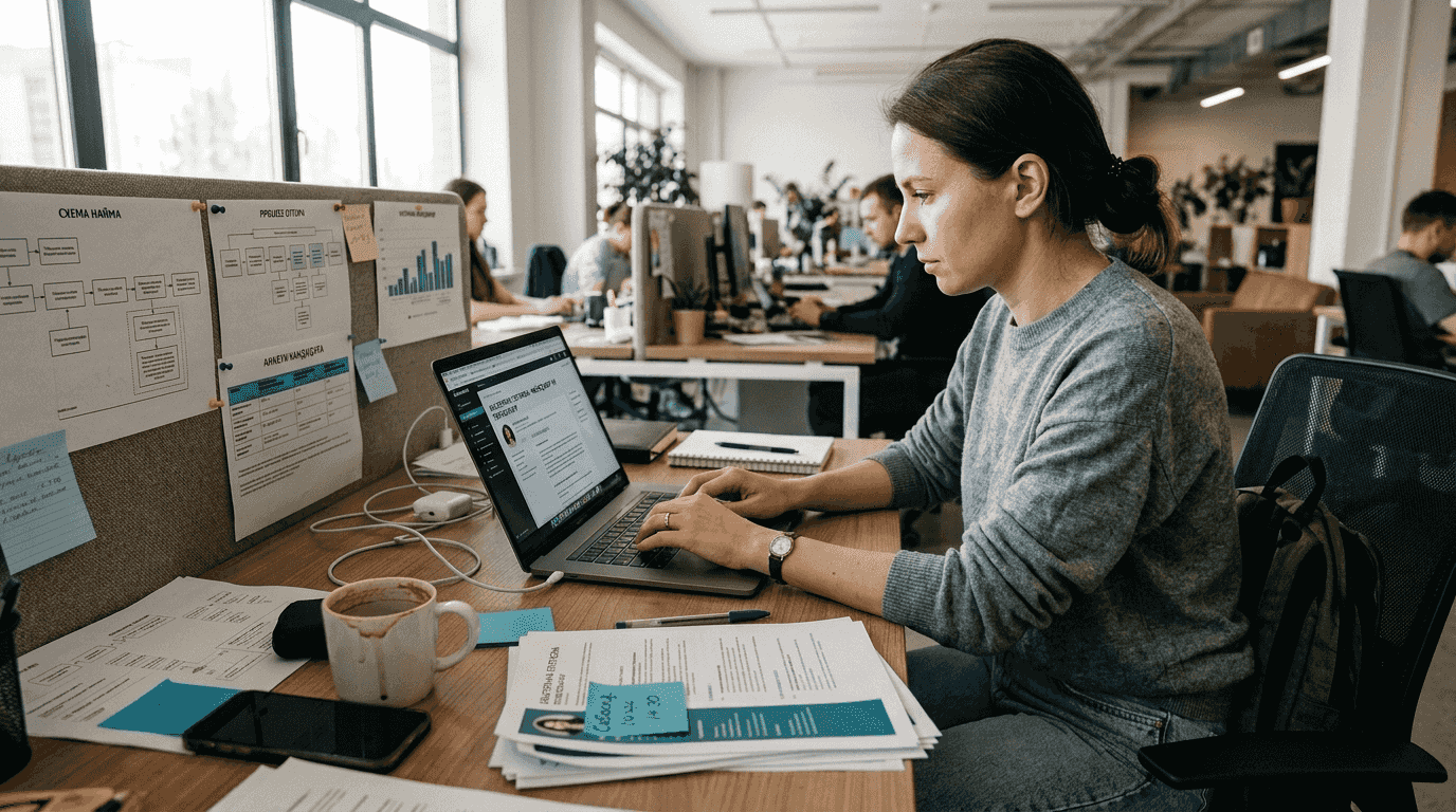 HR-аналитик проводит отбор кандидатов в офисе с открытым пространством