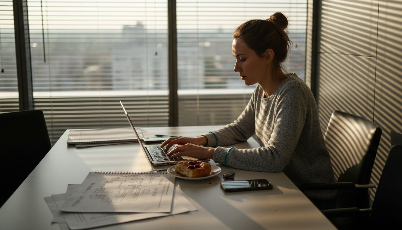 Женщина сидит за столом и составляет требования к вакансии разработчика.