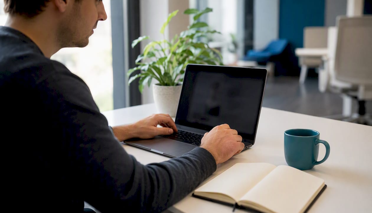 Человек просматривает репозиторий с DevOps-кодом на ноутбуке