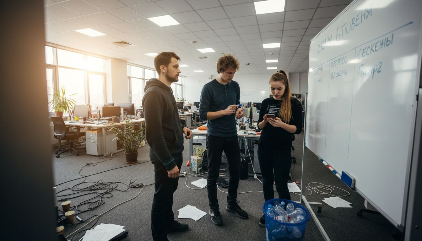 Разработчики собираются на ежедневные короткие встречи по Agile, чтобы обсудить текущие задачи и быстро сверить планы.