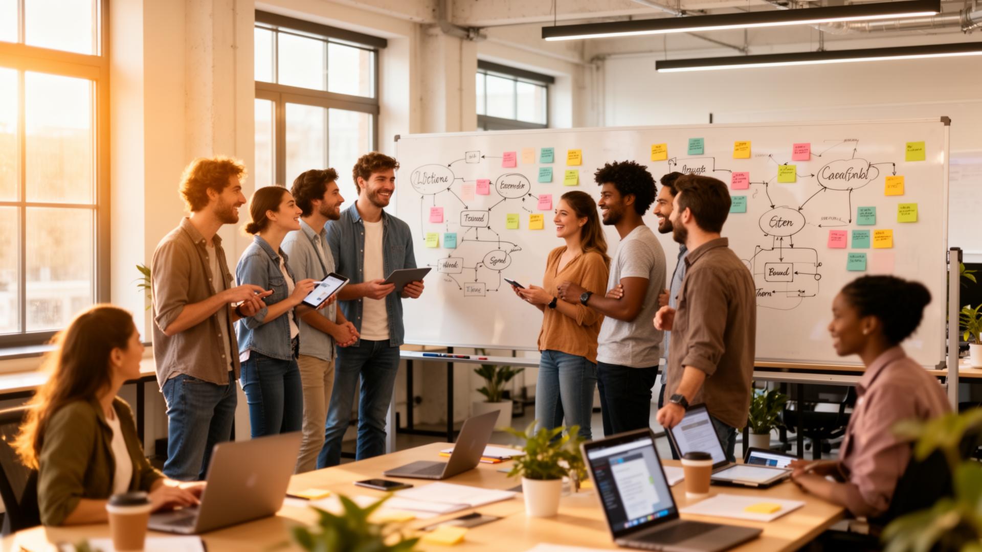 Startup team collaborating in a modern coworking space